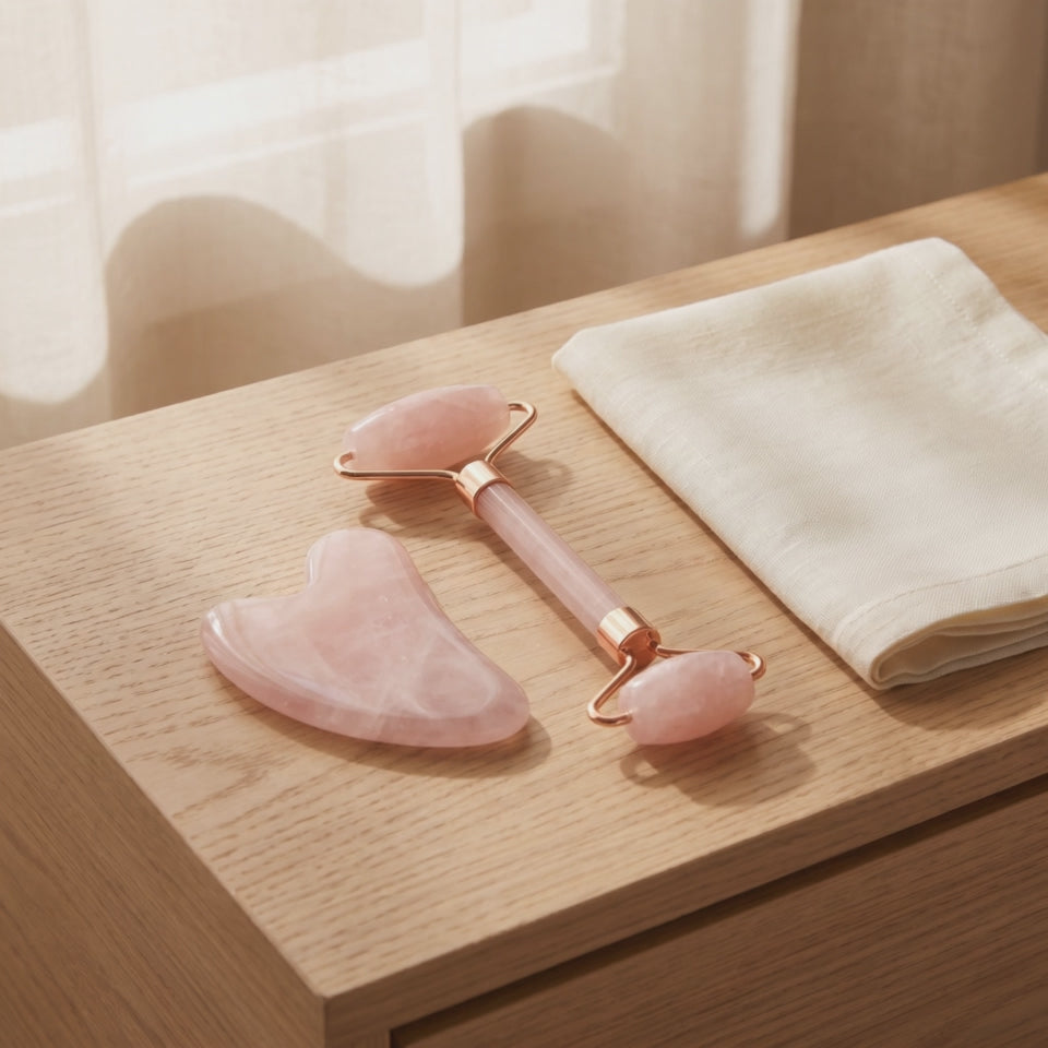 Teaser du Kit Rituel : le duo en quartz rose sur la coiffeuse, la main saisit le gua sha, en boucle