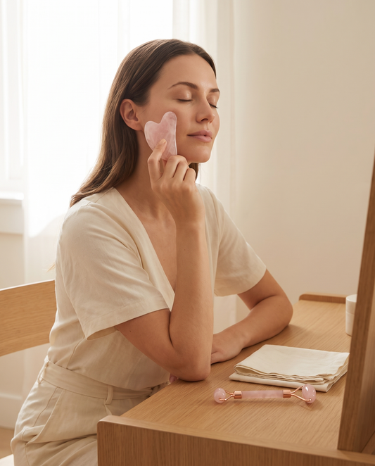 Geste du rituel : le gua sha du Kit Rituel glissé sur la pommette, le rouleau posé sur la coiffeuse