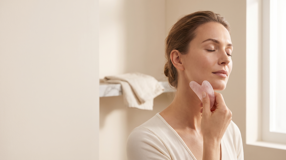 Femme réalisant son rituel gua sha en quartz rose dans une salle de bain baignée de lumière douce